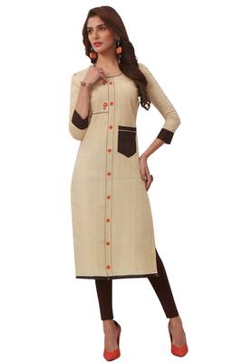 Women'S Beige & Brown Cotton Printed Straight Fit Readymade Kurta 1