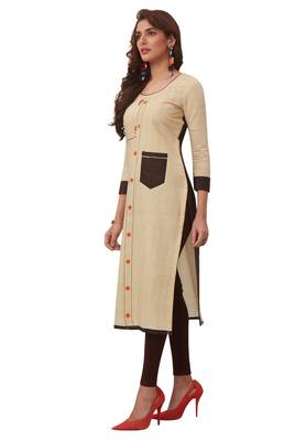 Women'S Beige & Brown Cotton Printed Straight Fit Readymade Kurta 3