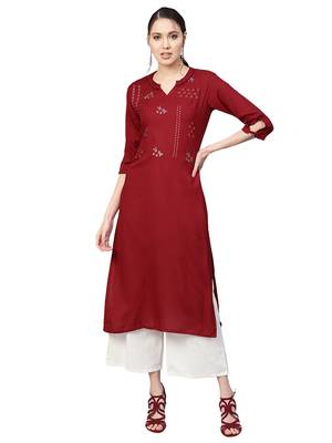 Maroon Rayon Cotton Embroidered Kurta 1