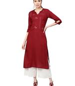 Maroon Rayon Cotton Embroidered Kurta