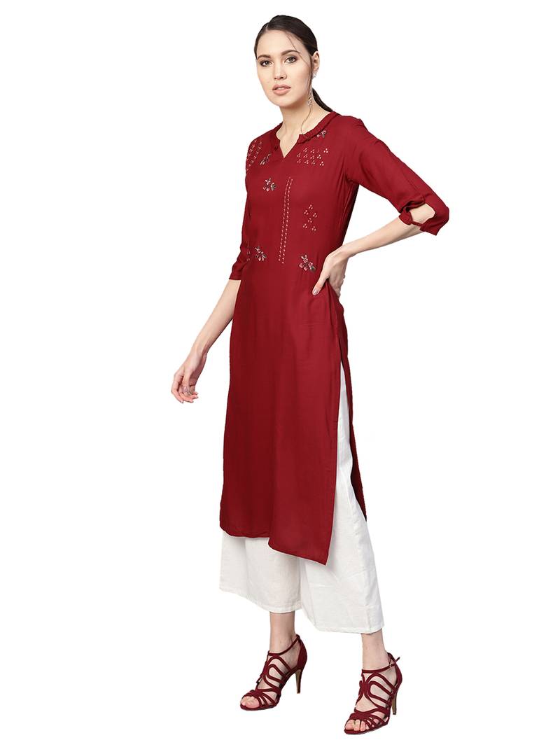 Maroon Rayon Cotton Embroidered Kurta