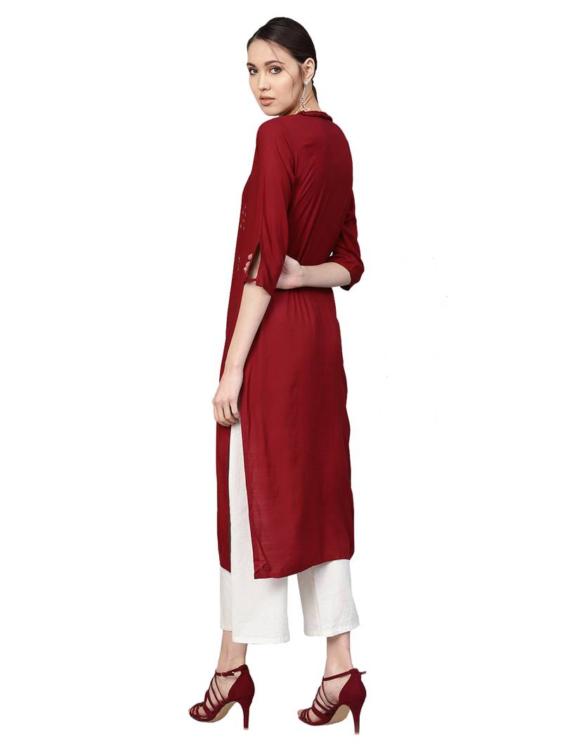 Maroon Rayon Cotton Embroidered Kurta