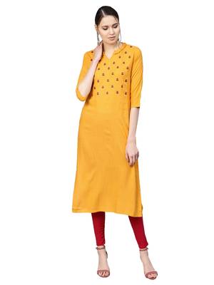 Yellow Rayon Cotton Embroidered Kurta 1