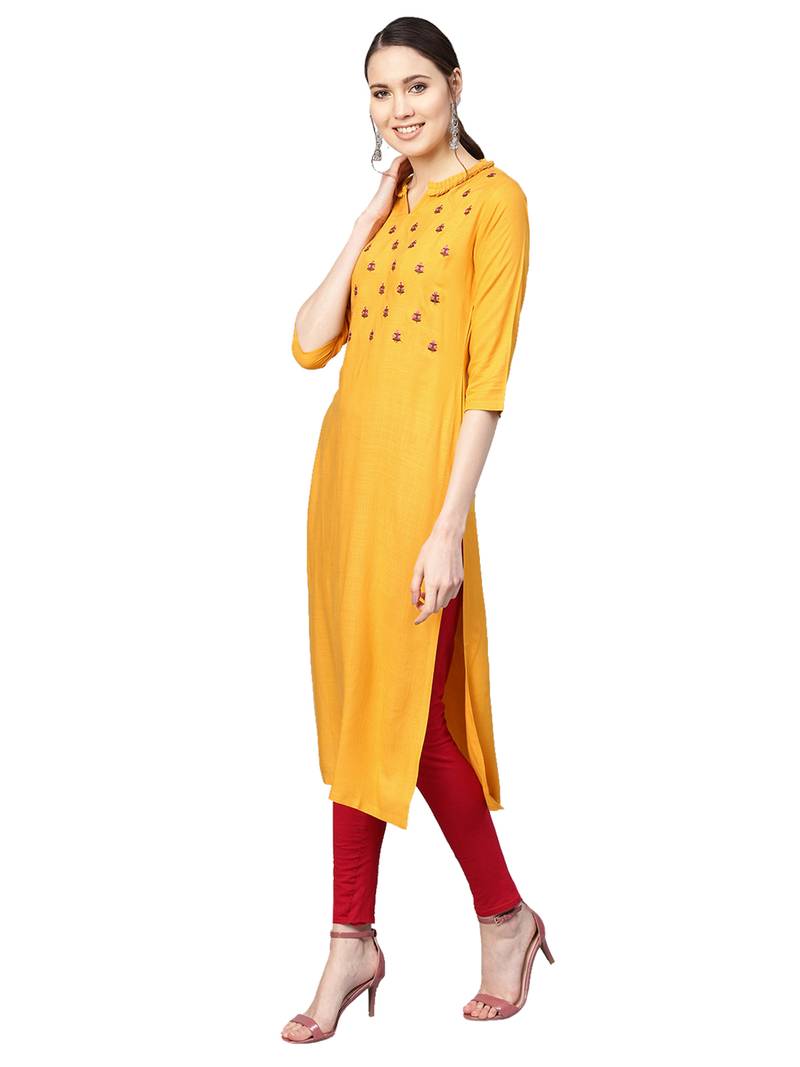 Yellow Rayon Cotton Embroidered Kurta