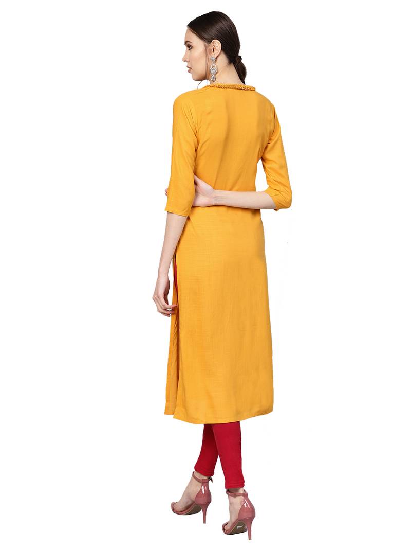 Yellow Rayon Cotton Embroidered Kurta