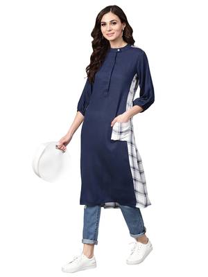 Navy Blue Rayon Cotton Checked Kurta 1