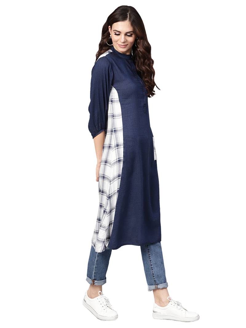 Navy Blue Rayon Cotton Checked Kurta