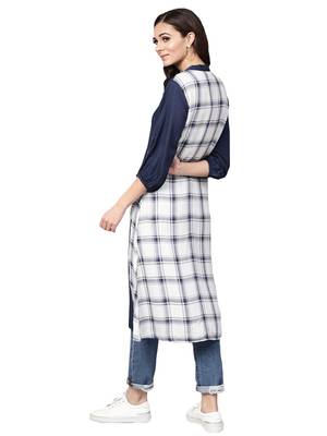 Navy Blue Rayon Cotton Checked Kurta 3