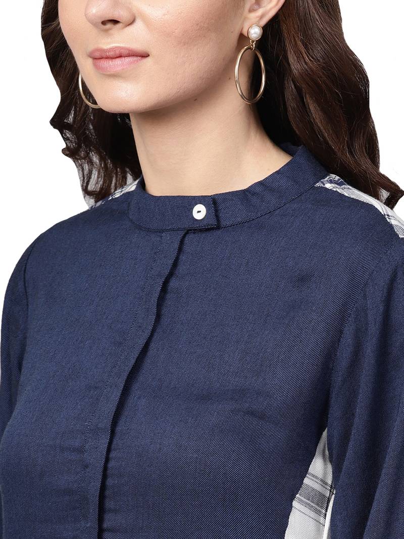 Navy Blue Rayon Cotton Checked Kurta