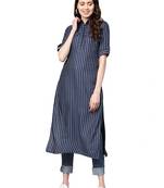 Navy Blue Rayon Cotton Striped Kurta