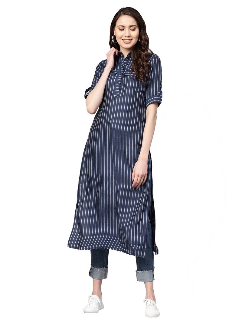 Navy Blue Rayon Cotton Striped Kurta