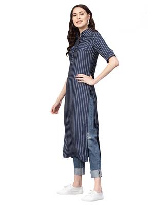 Navy Blue Rayon Cotton Striped Kurta 2