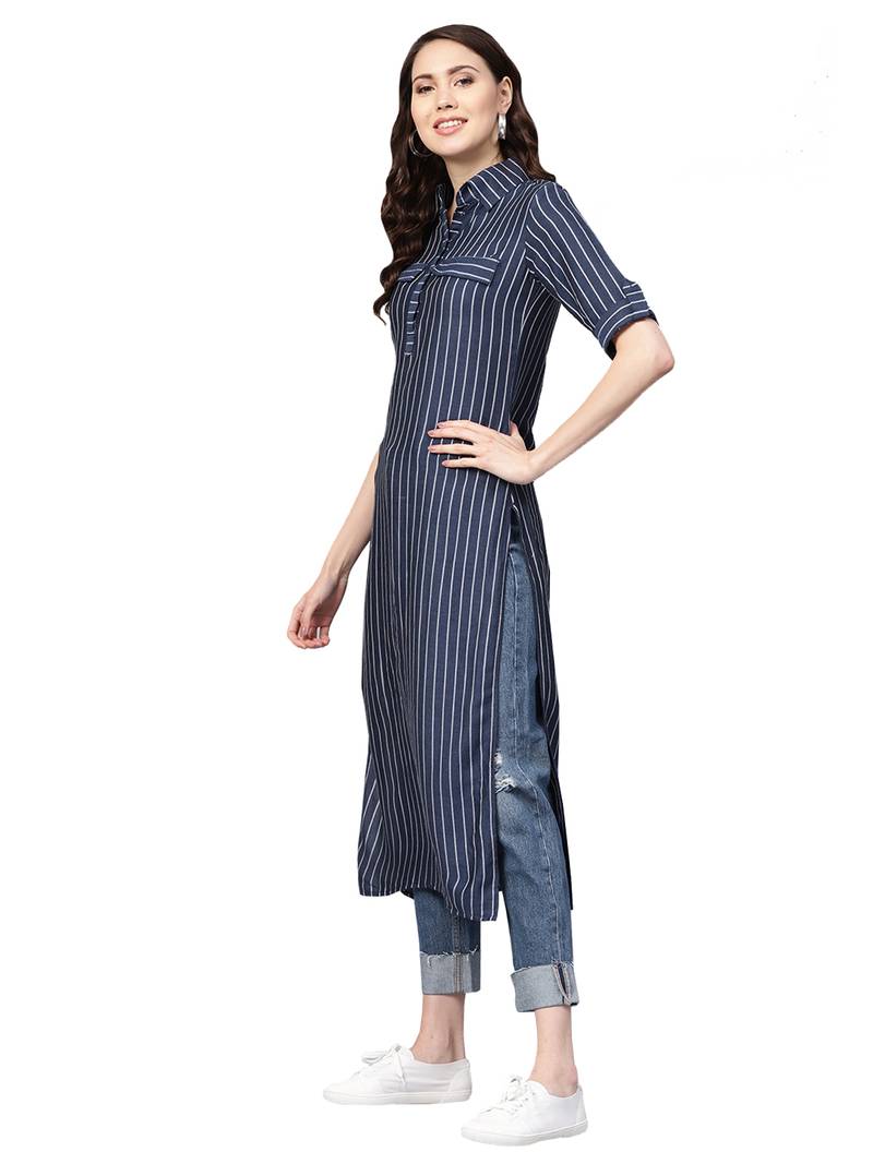 Navy Blue Rayon Cotton Striped Kurta