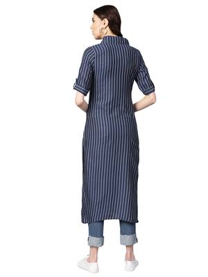 Navy Blue Rayon Cotton Striped Kurta 3