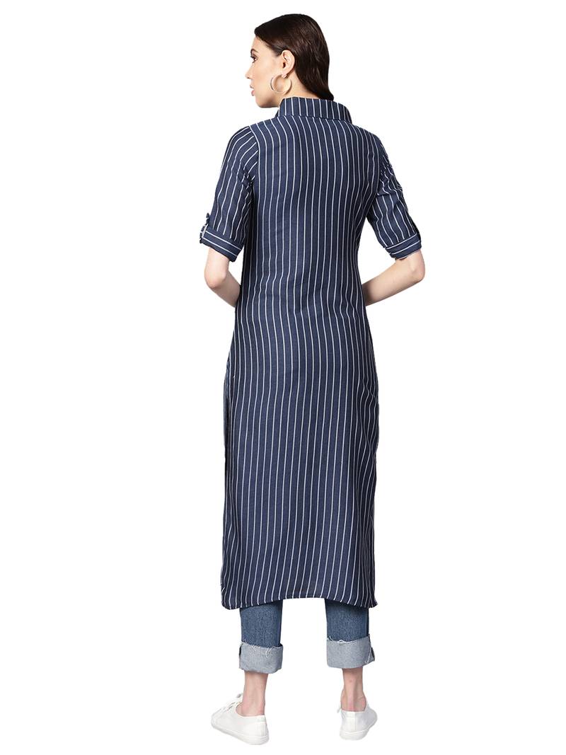 Navy Blue Rayon Cotton Striped Kurta