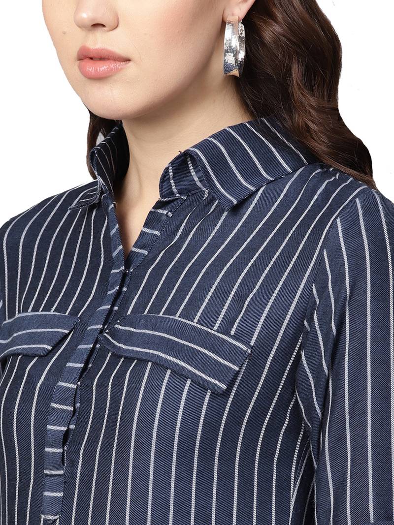 Navy Blue Rayon Cotton Striped Kurta