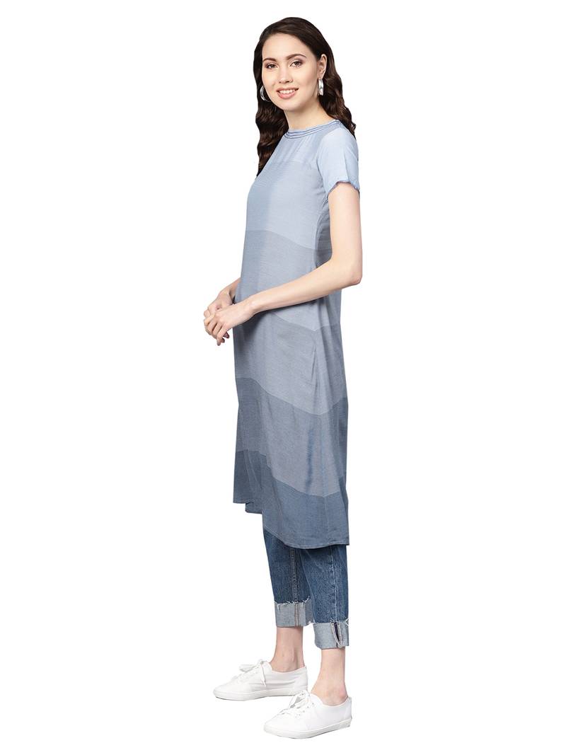 Blue & Green Rayon Cotton Striped Kurta