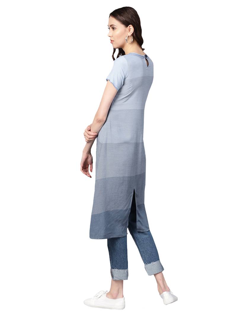 Blue & Green Rayon Cotton Striped Kurta