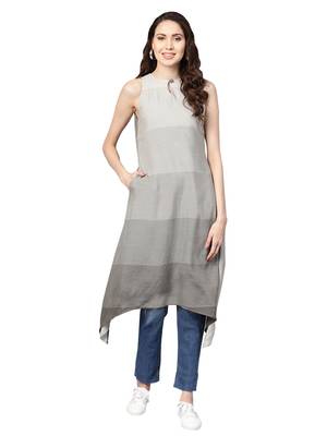 Beige & Green Rayon Cotton Striped Kurta 1