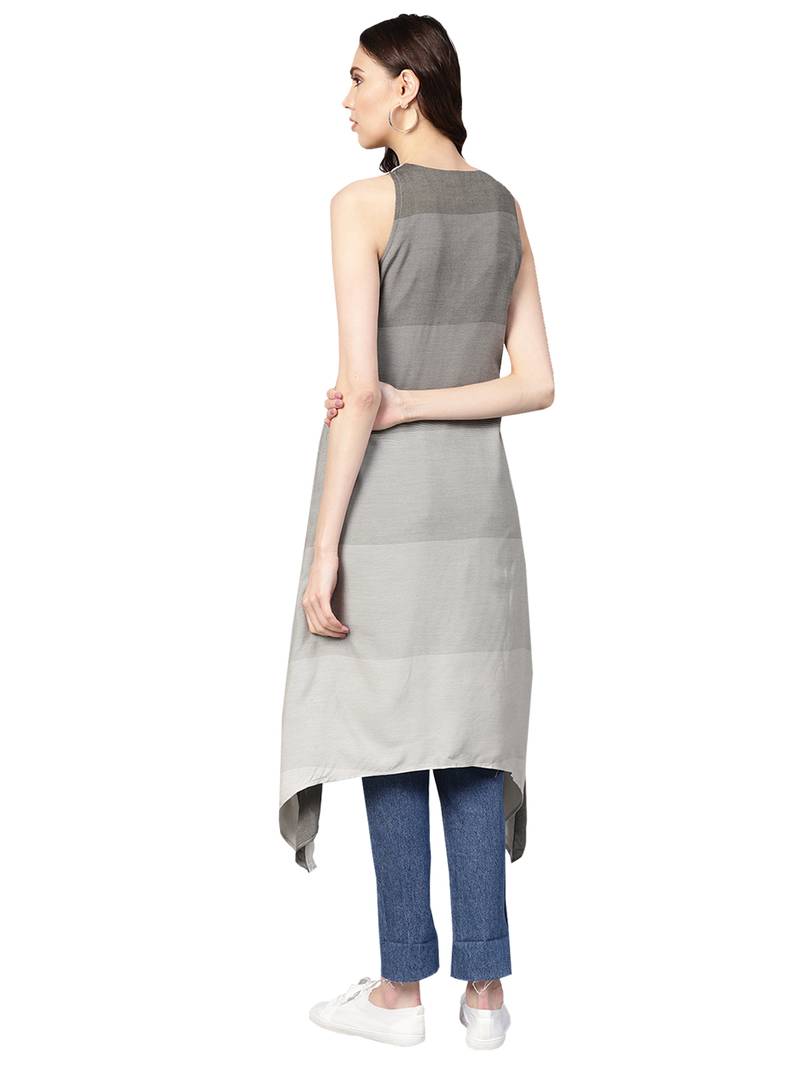 Beige & Green Rayon Cotton Striped Kurta