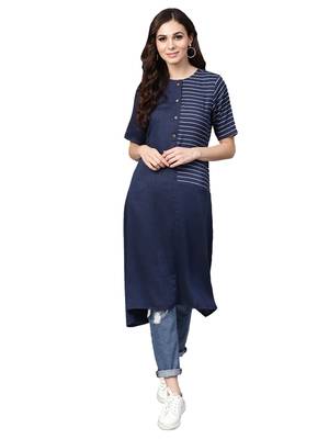 Navy Blue Rayon Cotton Striped Kurta 1