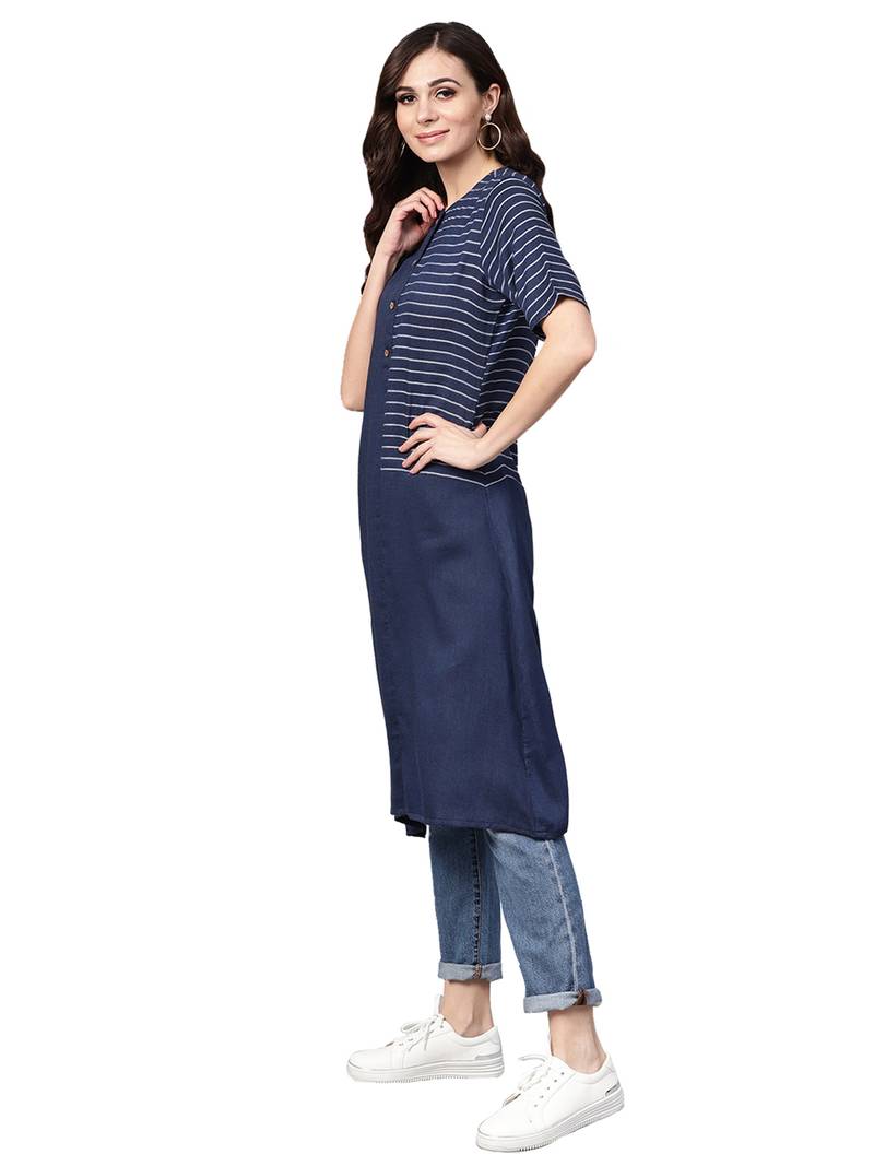 Navy Blue Rayon Cotton Striped Kurta
