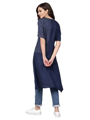 Navy Blue Rayon Cotton Striped Kurta 3