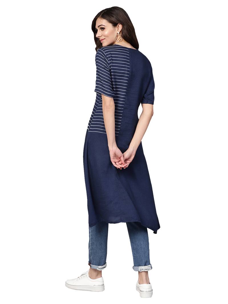 Navy Blue Rayon Cotton Striped Kurta