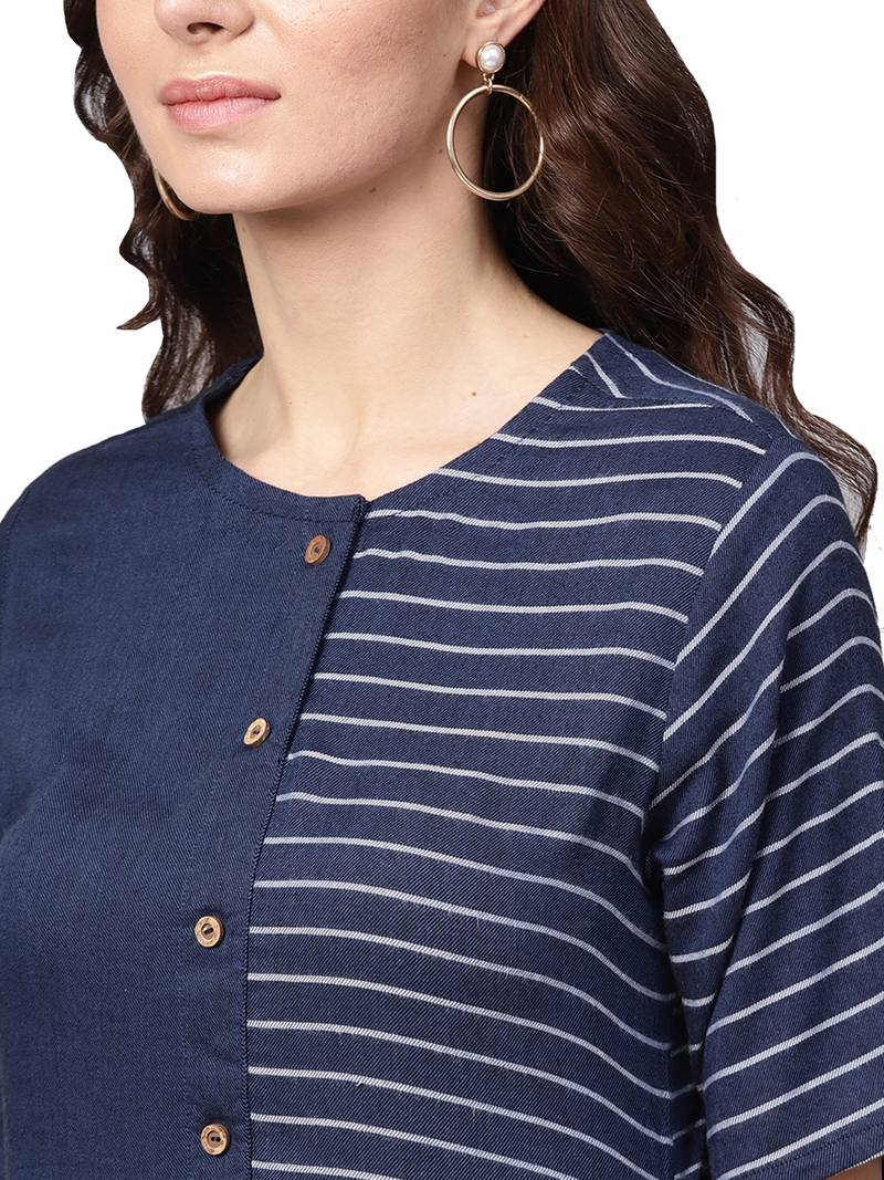 Navy Blue Rayon Cotton Striped Kurta