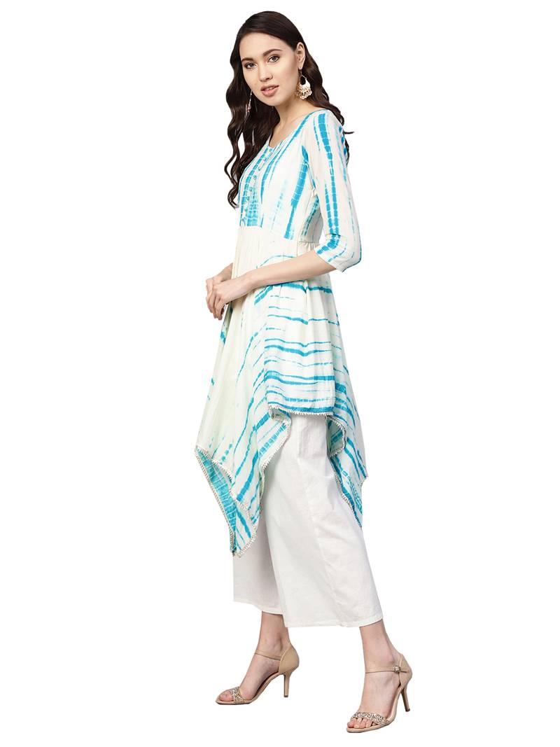 Blue & Beige Art Silk Tye & Dye Kurta