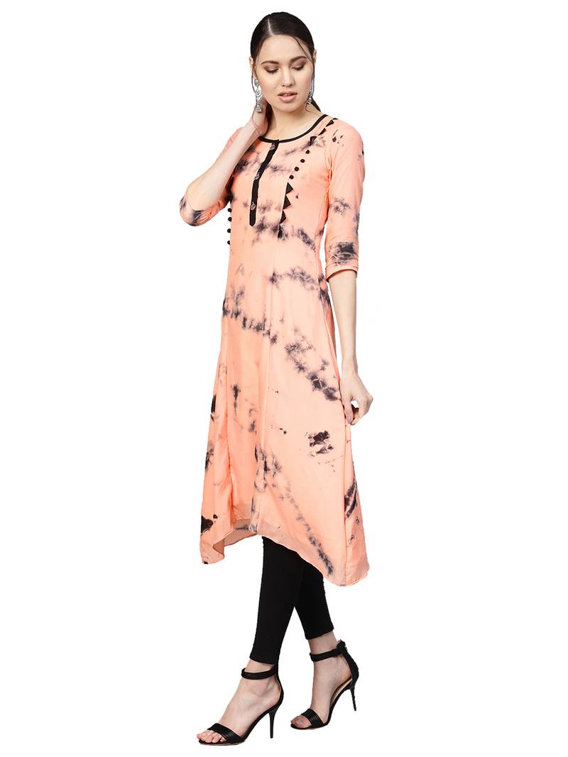 Peach Art Silk Tye & Dye Kurta