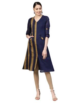Navy Blue & Brown Chanderi Cotton Woven Kurta 1