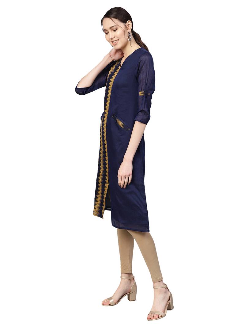 Navy Blue & Brown Chanderi Cotton Woven Kurta