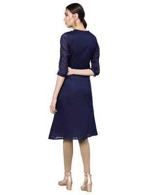 Navy Blue & Brown Chanderi Cotton Woven Kurta 3