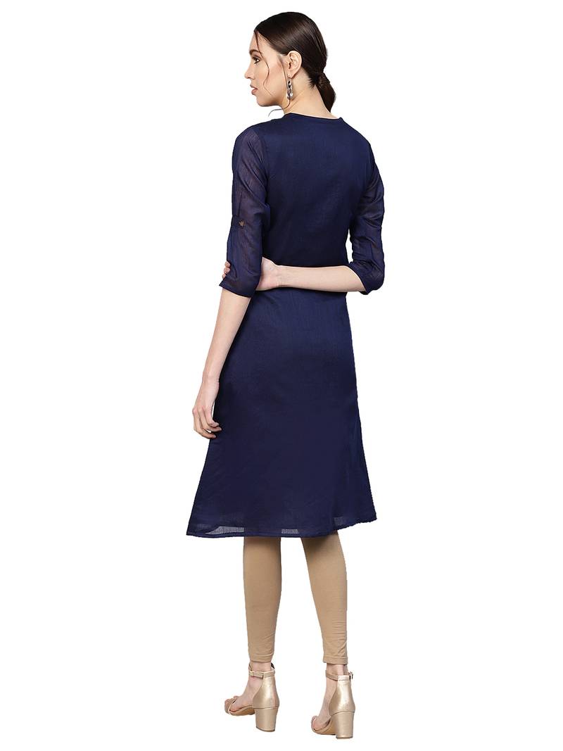 Navy Blue & Brown Chanderi Cotton Woven Kurta