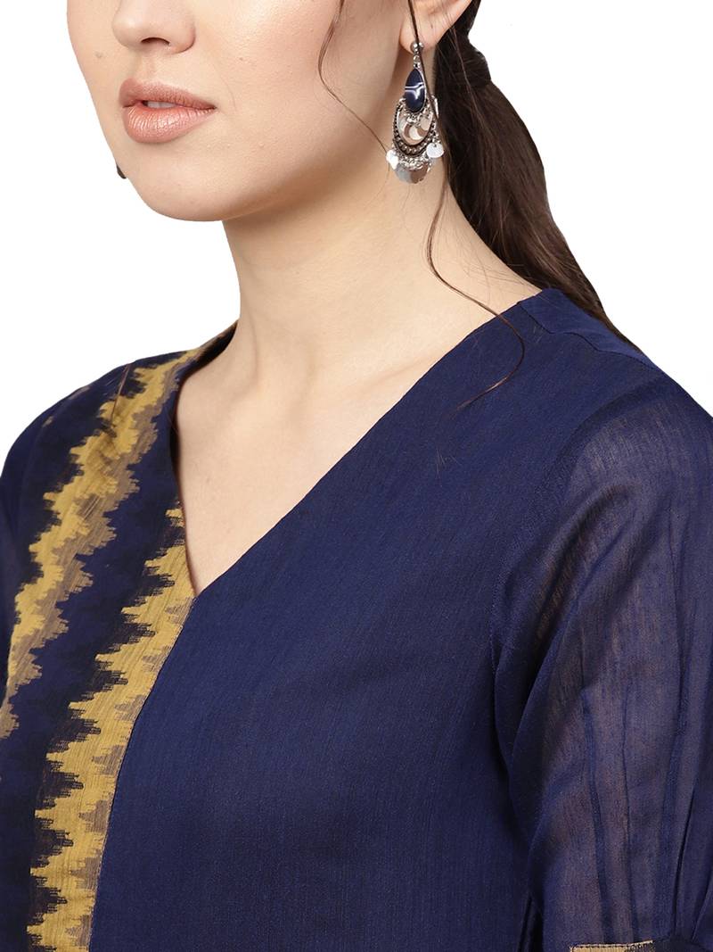 Navy Blue & Brown Chanderi Cotton Woven Kurta