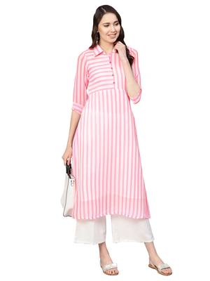 Pink & White Georgette Striped Kurta 1