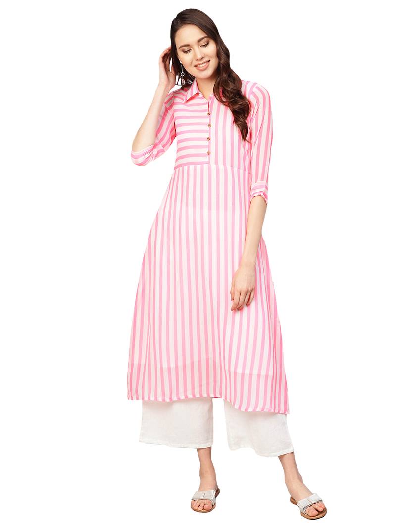 Pink & White Georgette Striped Kurta