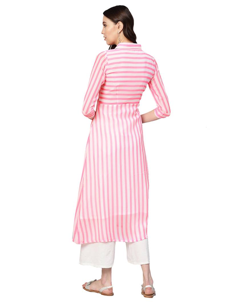 Pink & White Georgette Striped Kurta