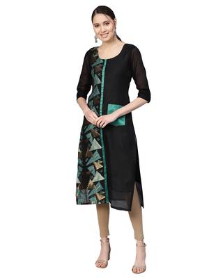 Black & Green Chanderi Cotton Woven Kurta 1