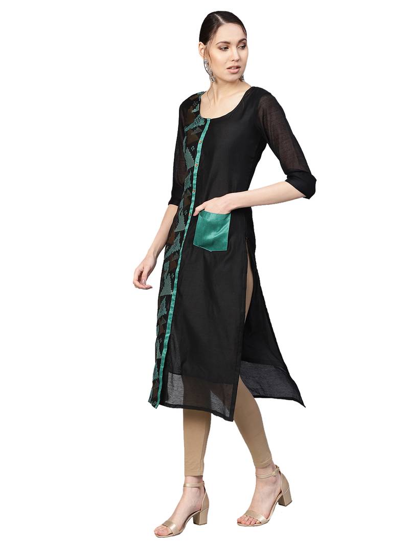 Black & Green Chanderi Cotton Woven Kurta