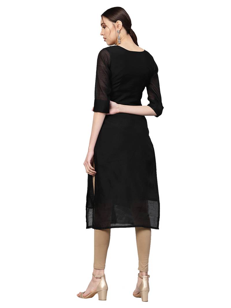 Black & Green Chanderi Cotton Woven Kurta