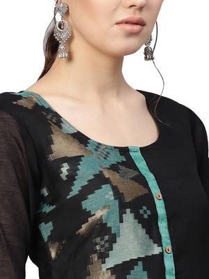 Black & Green Chanderi Cotton Woven Kurta 4