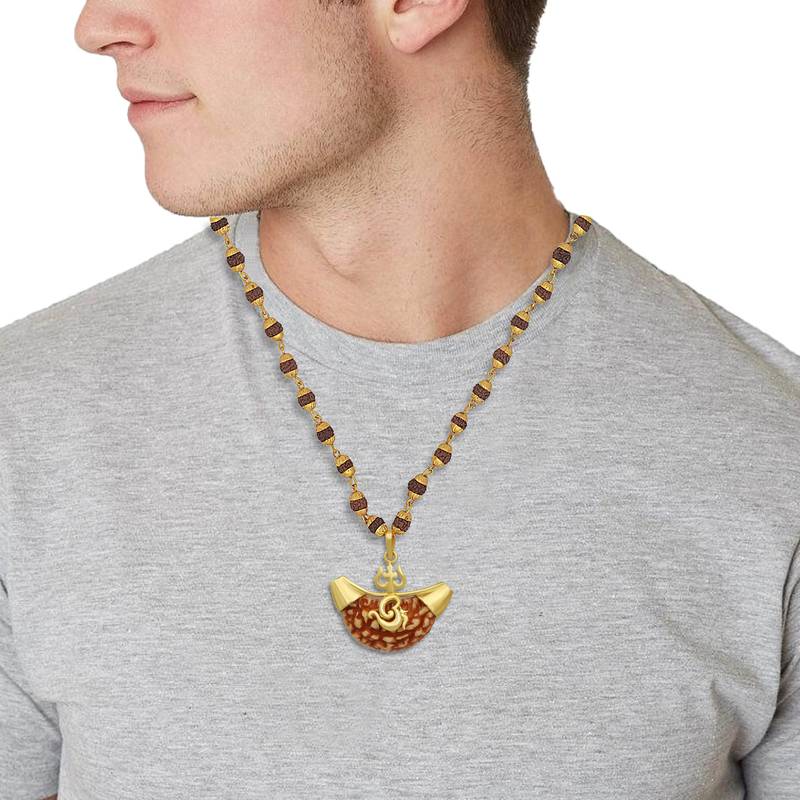 Ek Mukhi Rudraksh Religious Jewellery Lord Shiva Trishul Om Pendant  With Five Mukhi Rudraksha chain