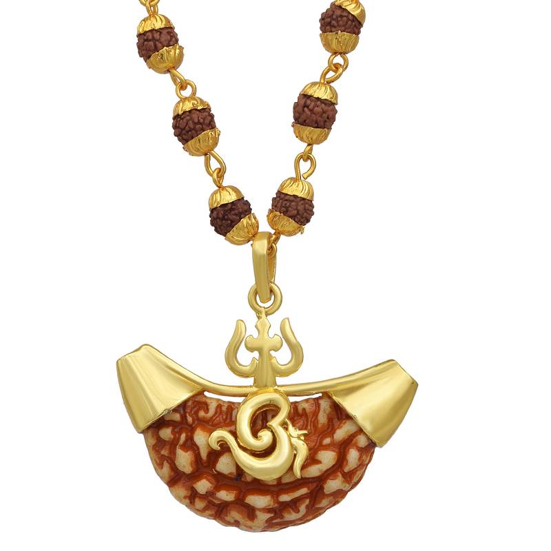 Ek Mukhi Rudraksh Religious Jewellery Lord Shiva Trishul Om Pendant  With Five Mukhi Rudraksha chain