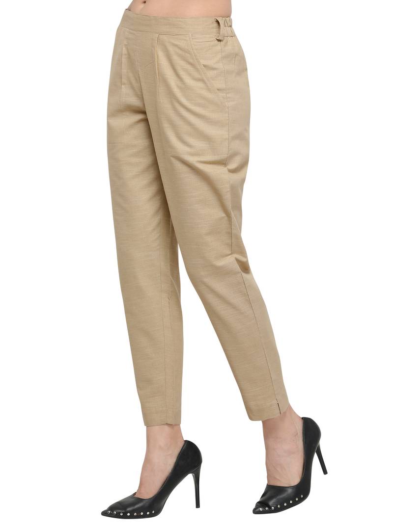 Beige Cotton Solid Casual Wear Trouser/Pant Elora Fashion 2984799