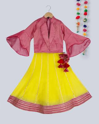 pink brocade choli with flared sleeves with stylish yellow lehnga with gota work 1