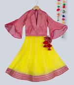 pink brocade choli with flared sleeves with stylish yellow lehnga with gota work