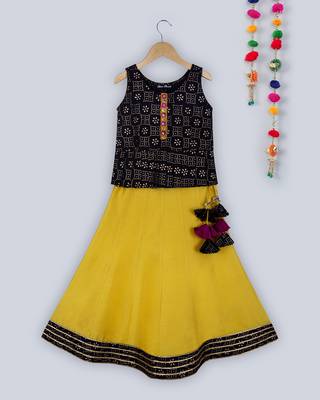 black khadi print peplum choli with contrast yellow lehnga 1