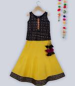 black khadi print peplum choli with contrast yellow lehnga